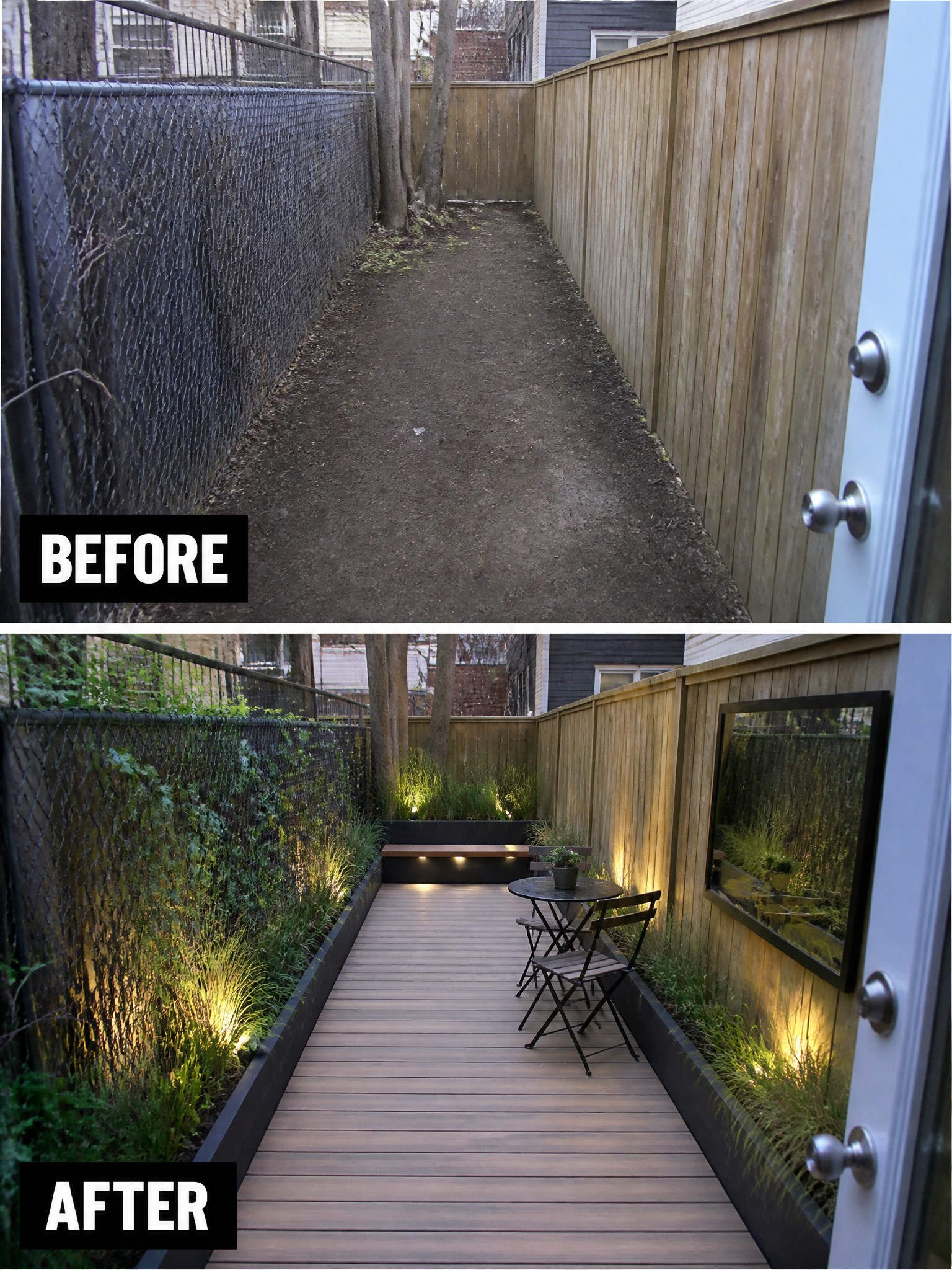 Before and after transformation of a narrow outdoor space with wood decking and lights.