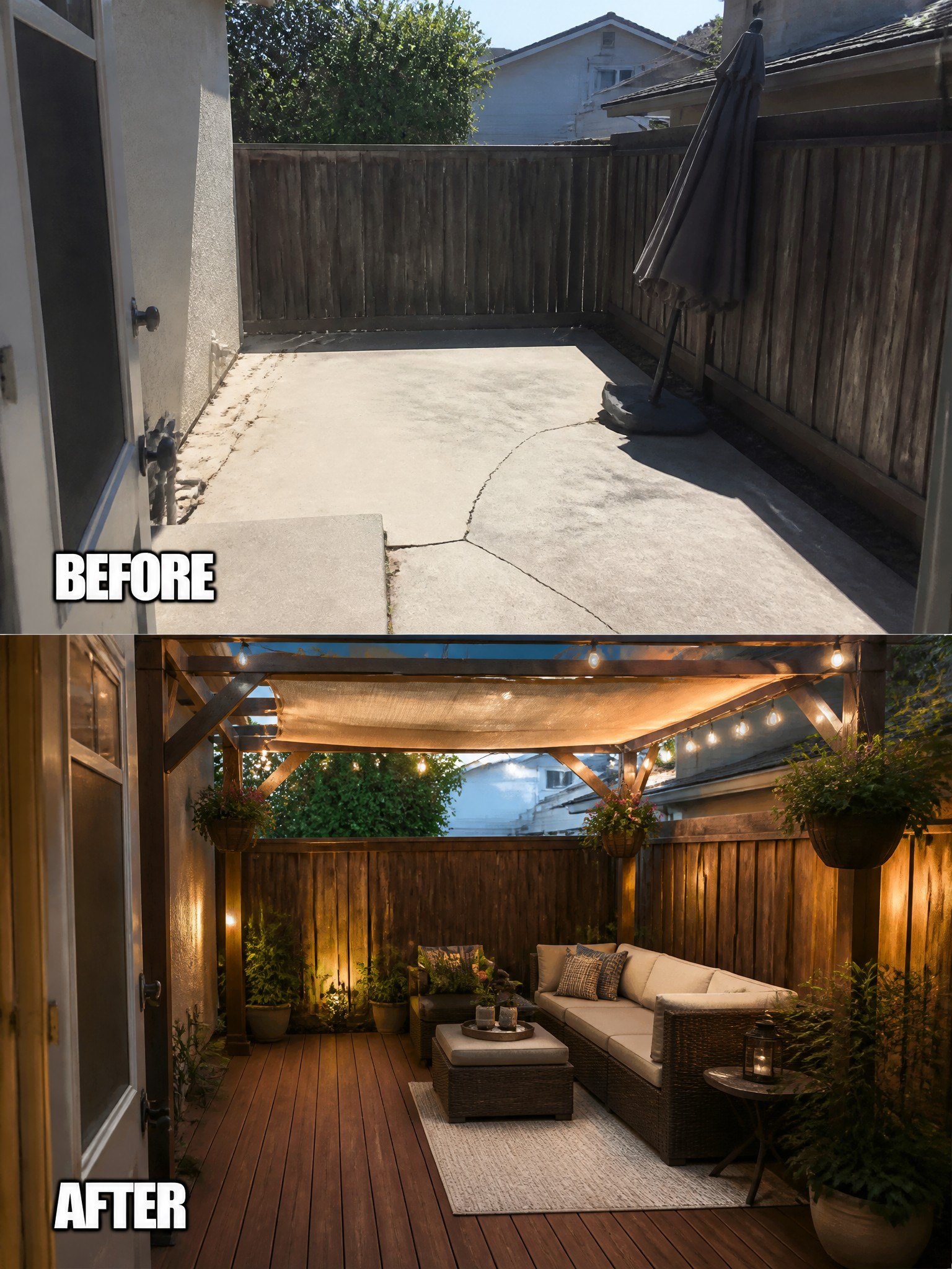 Before and after of a transformed outdoor space with seating, lights, and plants.