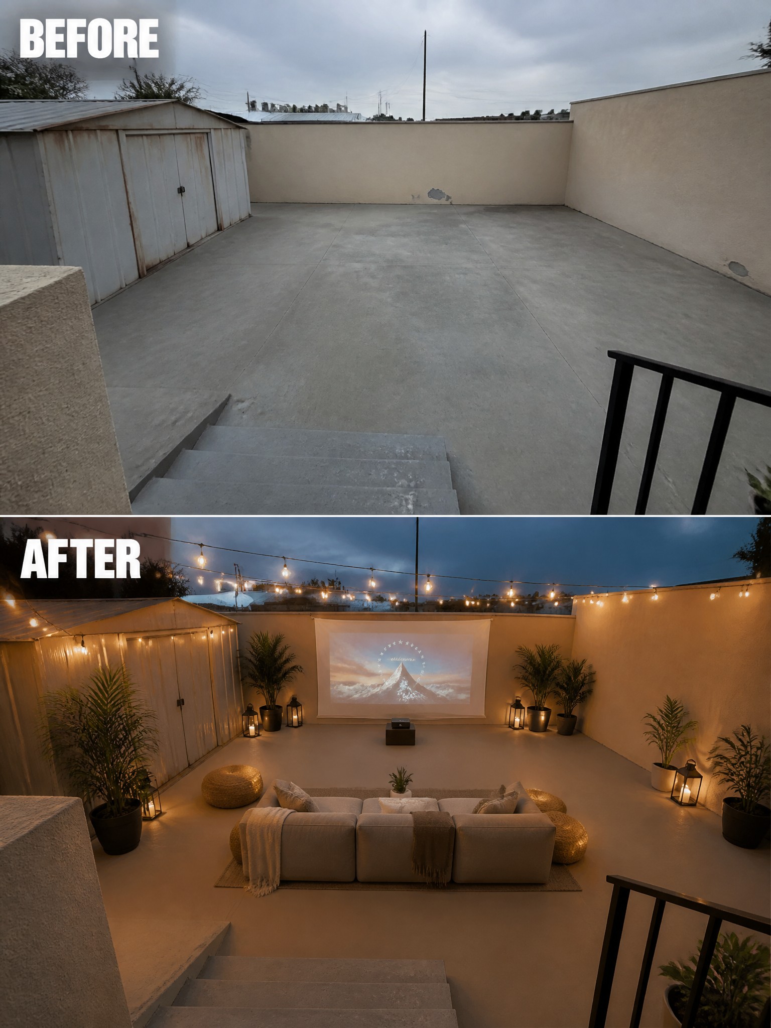 Transformation from a bare patio to a cozy, stylish outdoor lounge with lights.