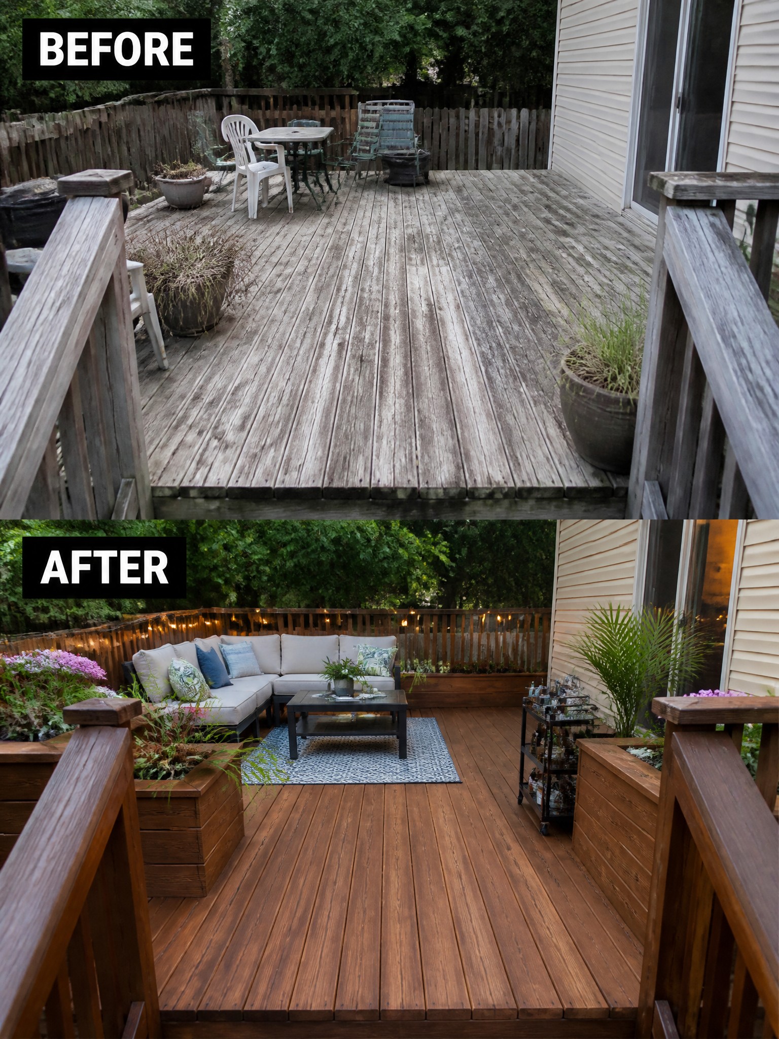 Before and after of a wooden deck; before is worn and faded, after is modern and inviting with furniture and plants.