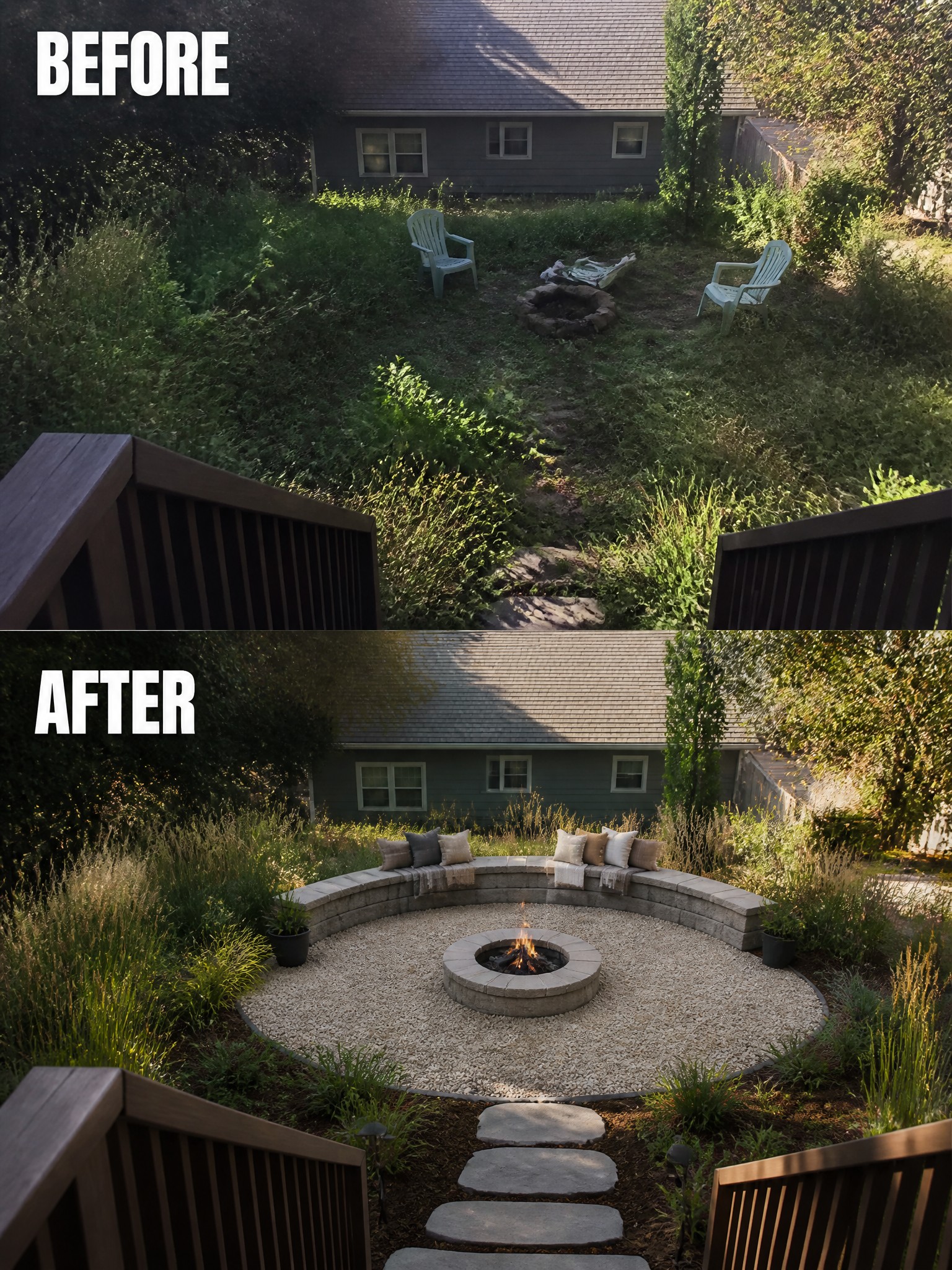 Before and after transformation of a backyard, featuring a fire pit and landscaping.