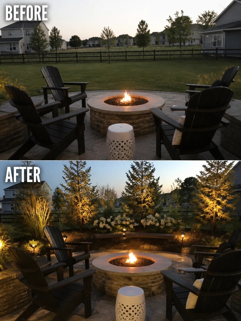 Before and after of fire pit with added trees, plants, and lighting.