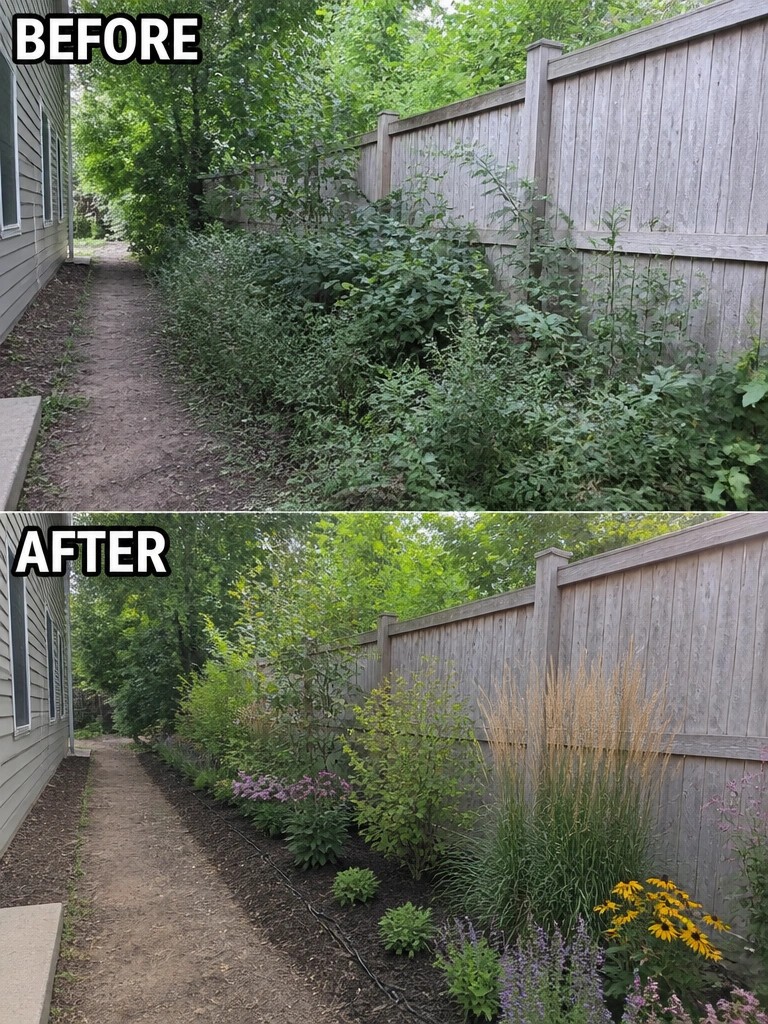 Before-and-after image of an overgrown fence border changed into a layered garden bed with shrubs, grasses, and flowering plants.