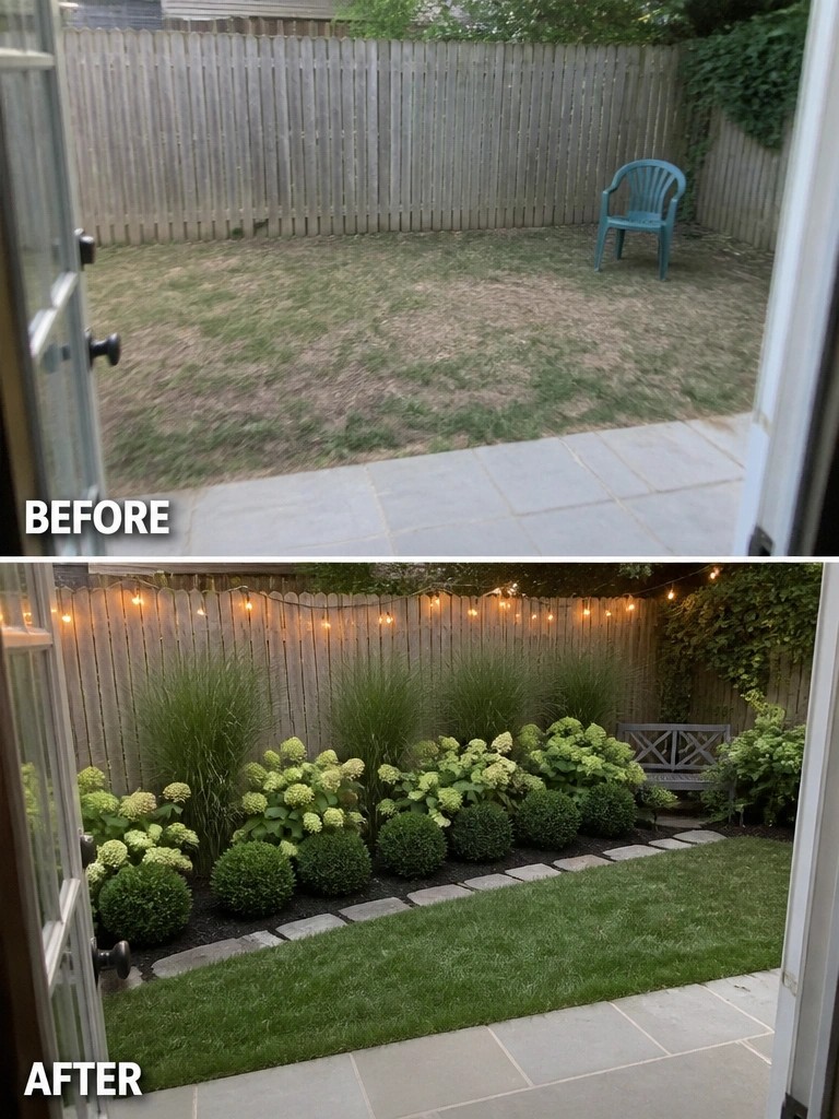 Before-and-after backyard makeover with plants, string lights, bench, and grass from doorway