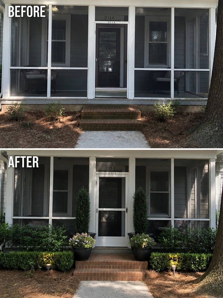 Before-and-after image of a front porch with bare mulch beds transformed by the addition of tall shrubs, potted plants, and defined garden borders.
