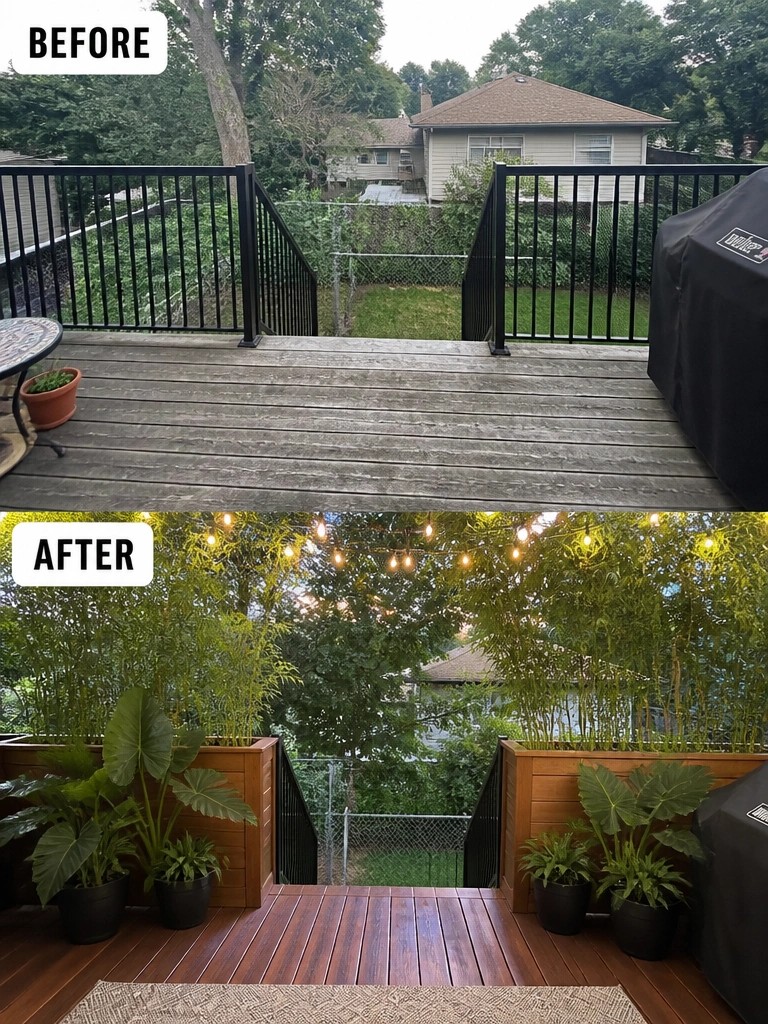 Before and after of a weathered deck upgraded with planters, plants, string lights and fresh stain.