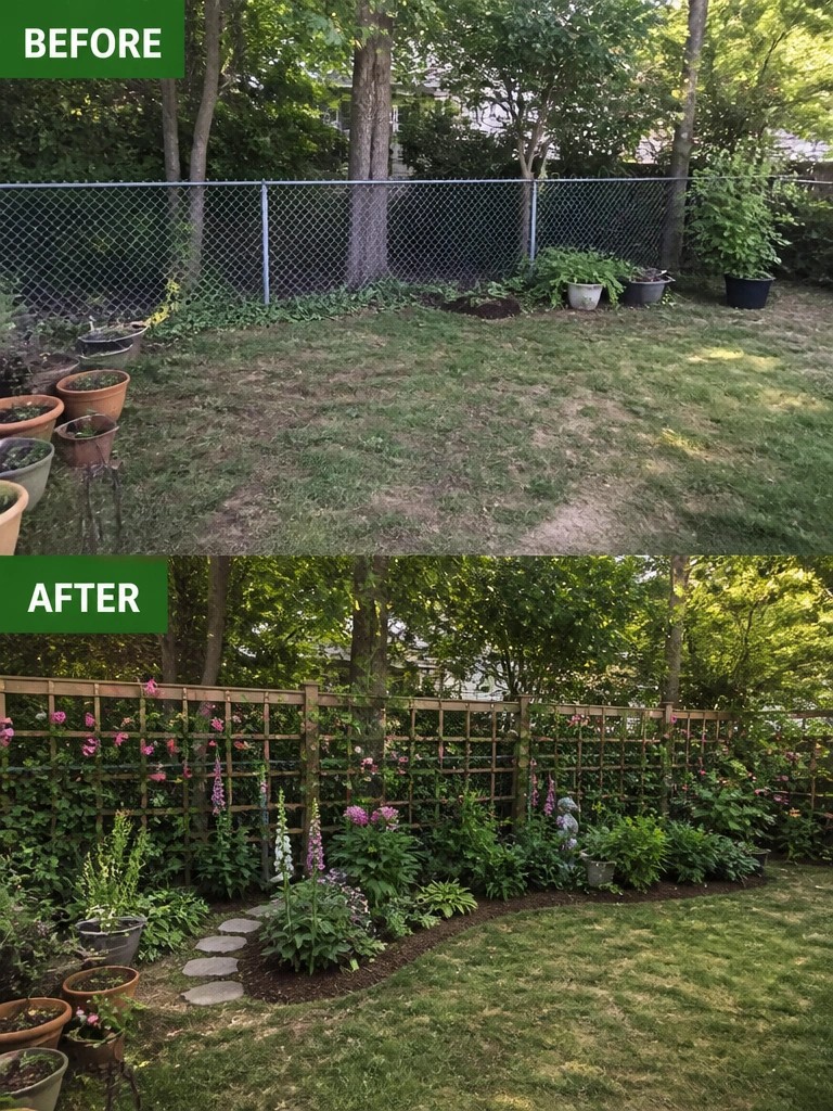 Before chain-link fence and after floral wooden trellis garden makeover