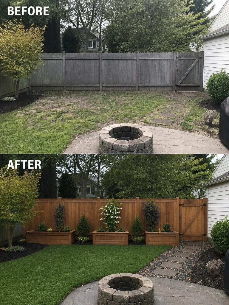 Before-and-after image of a backyard showing a plain fence and open lawn changed by adding wooden planters with plants along the fence line.