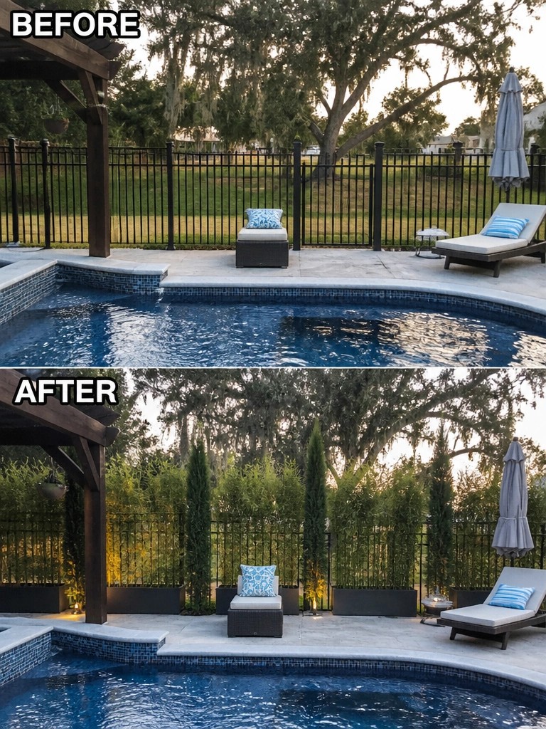 Before and after pool patio with added tall plants in planters along fence
