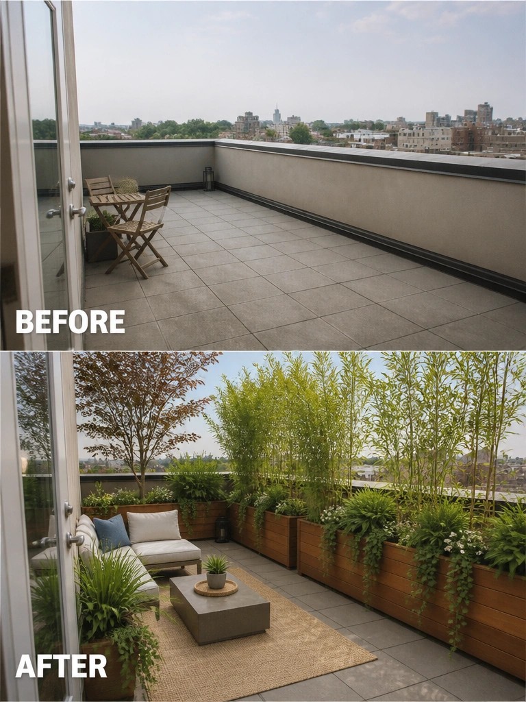 Before-and-after image of a bare rooftop terrace transformed with tall plants in wooden planters along the edges.