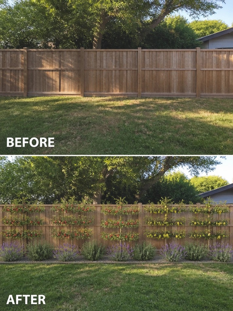 Before and after of wooden fence with colorful vertical planters and flowers.