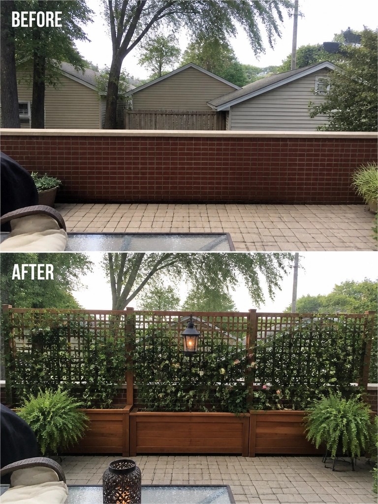 Patio before and after: plain brick wall transformed into wooden trellis with vines and planters