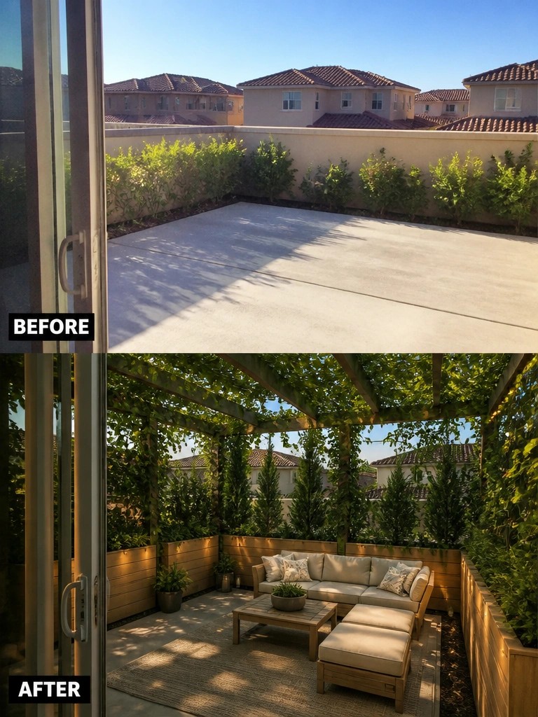 Before and after of empty concrete patio transformed into vine-covered pergola lounge