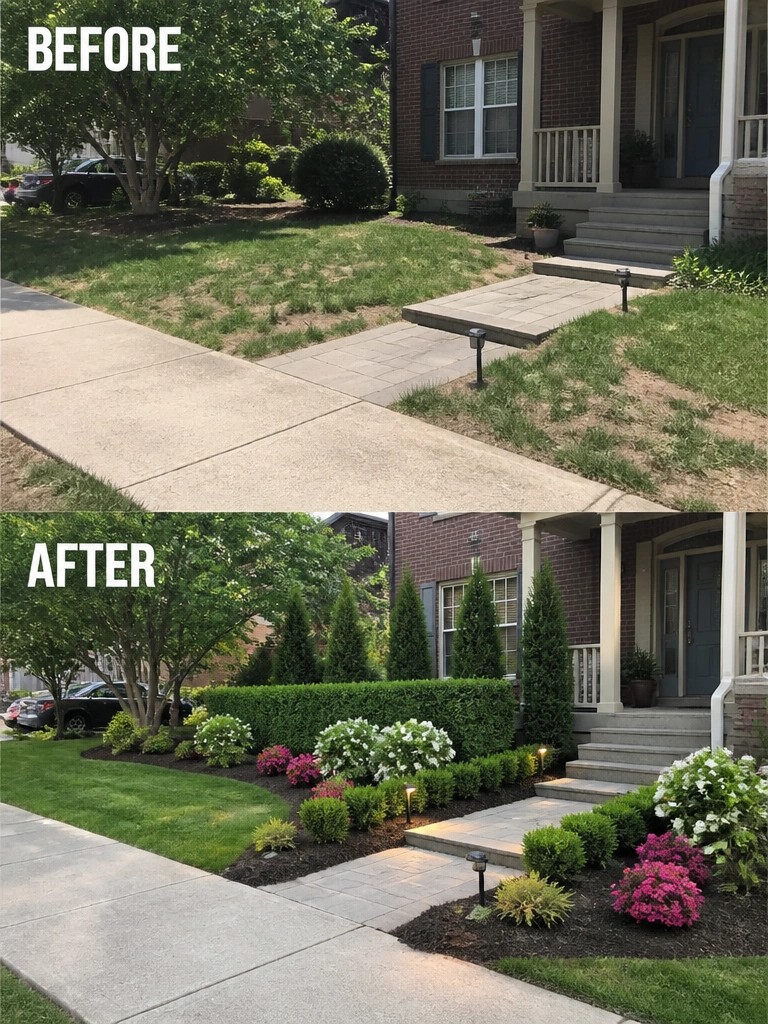 Before and after front yard makeover with new shrubs, flowers, and mulch.