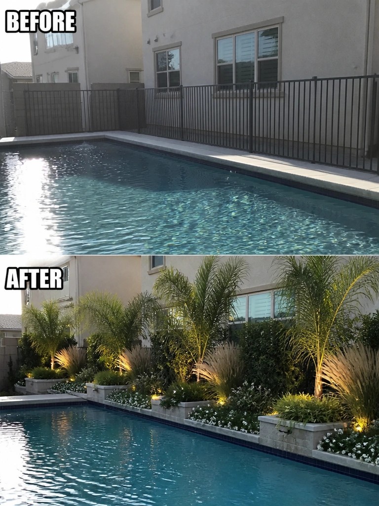 Before and after pool with added plants, flowers, and landscape lighting.