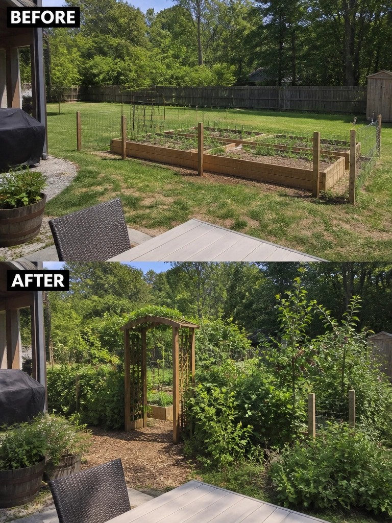 Before and after of lush backyard garden with arbor, beds, and patio furniture