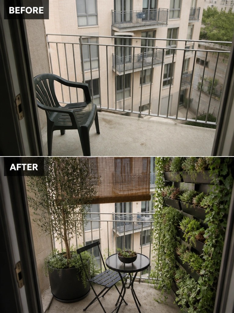 Before-and-after image of a bare balcony changed with potted trees, a small table and chair set, a bamboo screen, and a vertical garden wall.