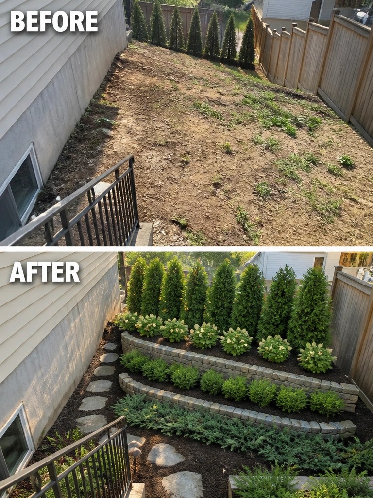 Before and after sloped backyard with tiered gardens, evergreens, and stone paths.