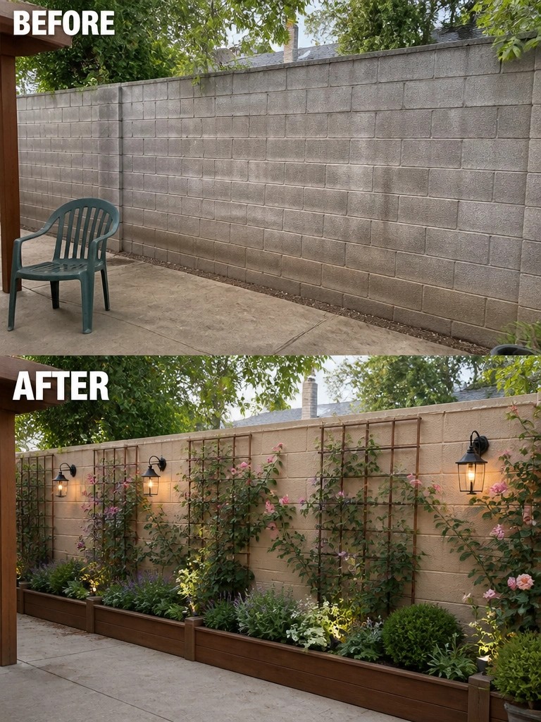 Before and after of bare block wall transformed into vine-covered trellis garden with lights and planters.