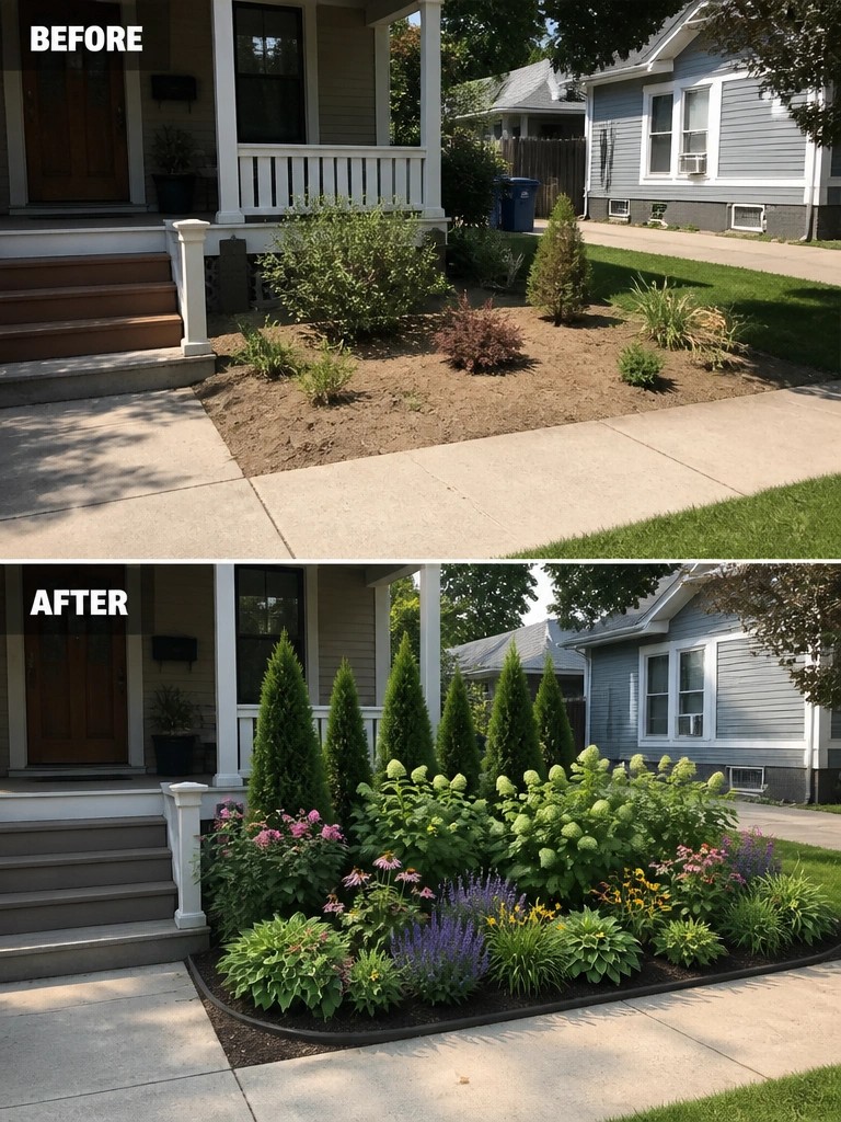 Before-and-after image of a bare front yard changed into a structured garden bed with tall evergreens and layered flowering plants.