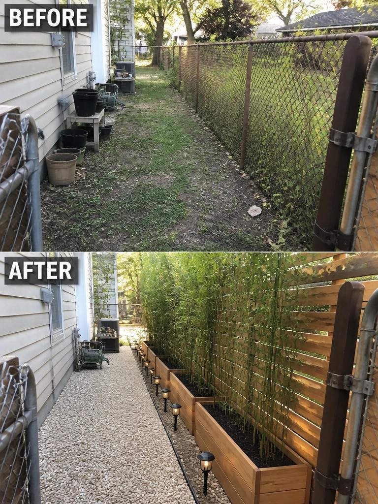 Before-and-after image of a side yard showing an open dirt area beside a chain link fence changed into a gravel path lined with raised wooden planters holding tall privacy plants.