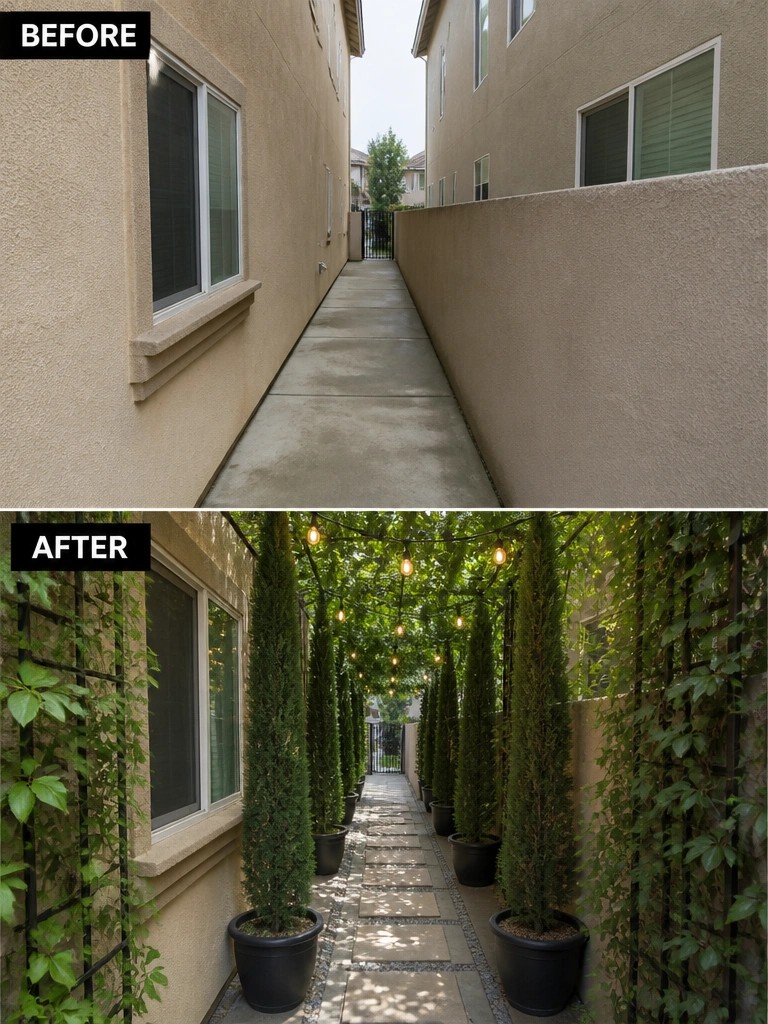 Before-and-after image of a narrow concrete walkway between buildings changed into a private path lined with tall potted trees, climbing vines on trellises, and string lights.