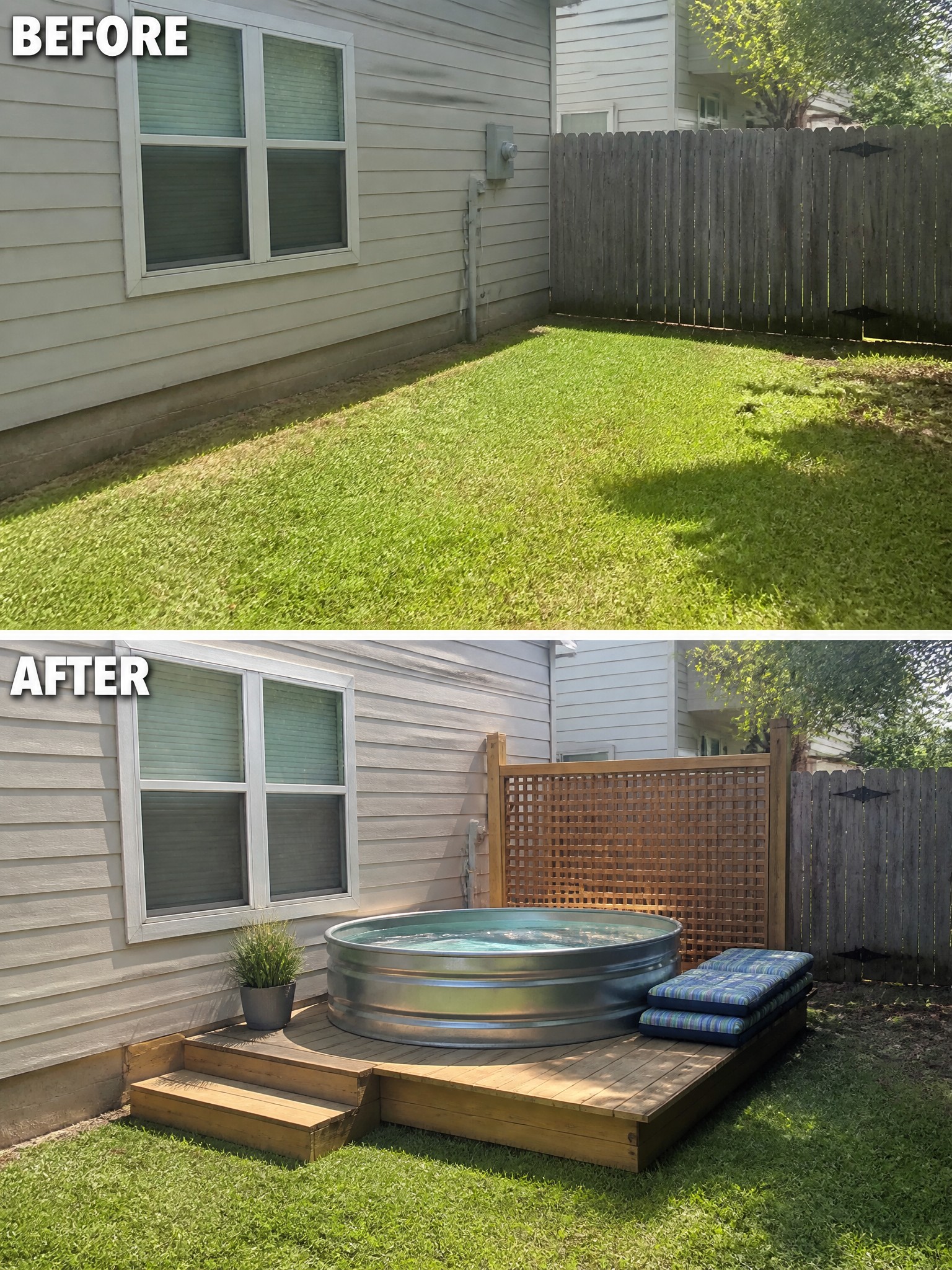 Before and after transformation of a backyard, featuring a wooden deck and metal tub.