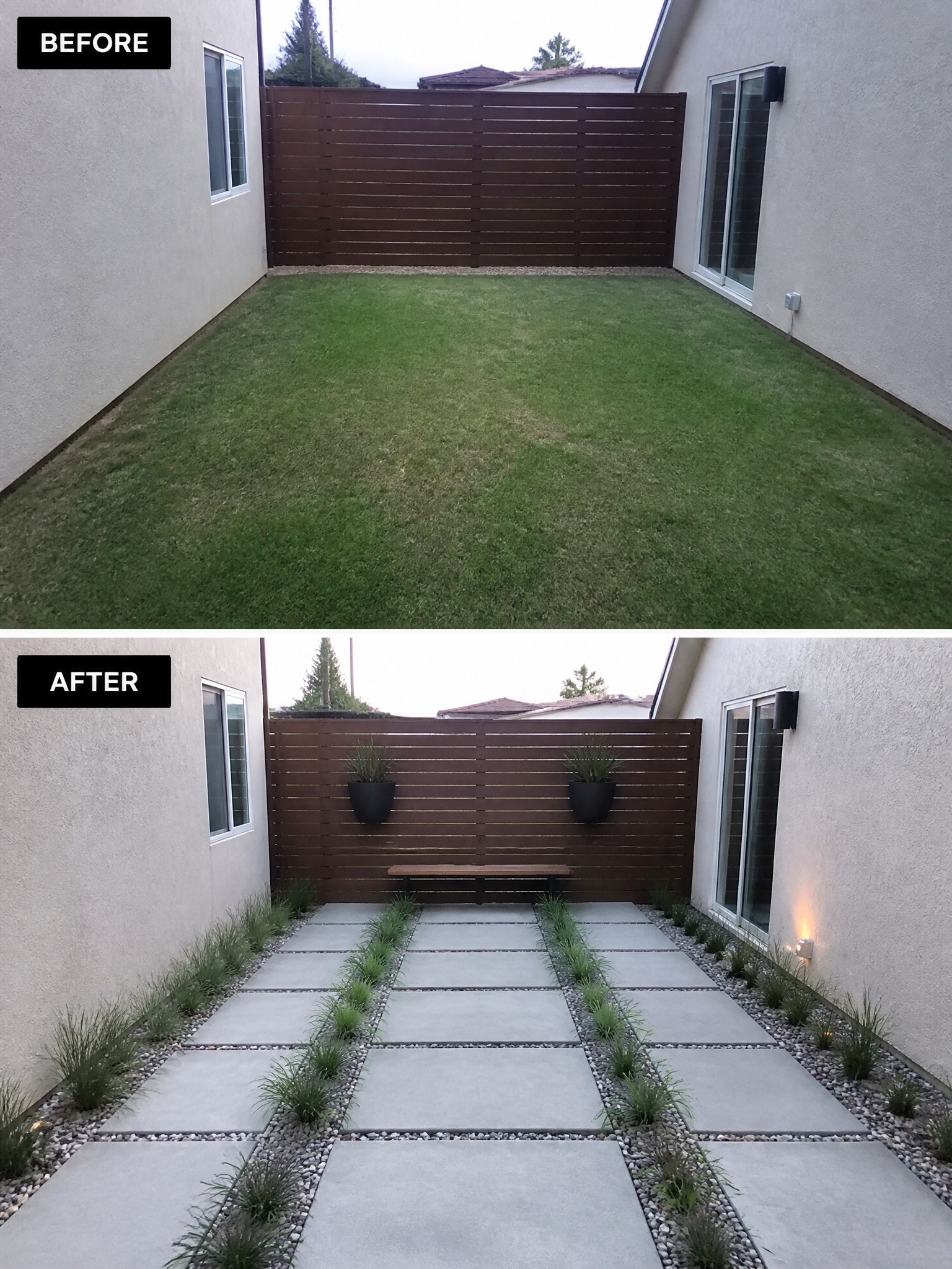 Side-by-side before and after yard transformation with grass and concrete pavers, plants, and a bench.
