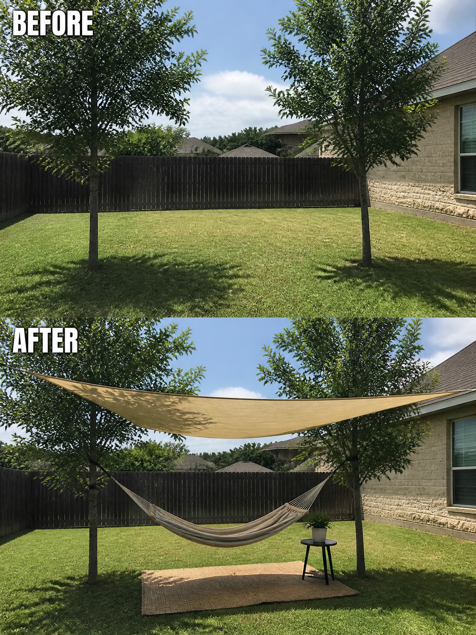 Before and after backyard transformation with a hammock, shade sail, and decorative rug.