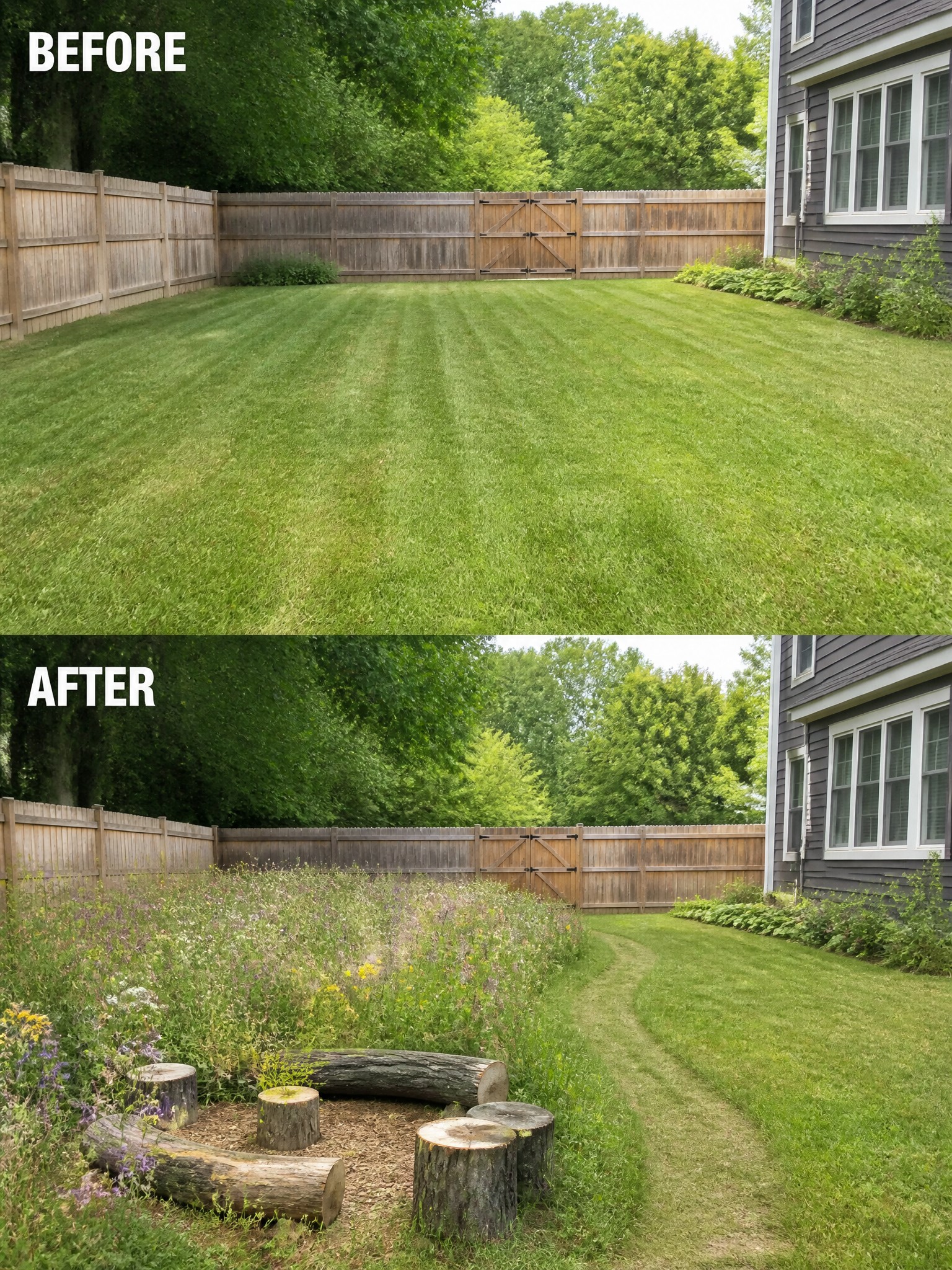 Before-and-after image of a backyard lawn changed into a wildflower garden with a log seating circle.