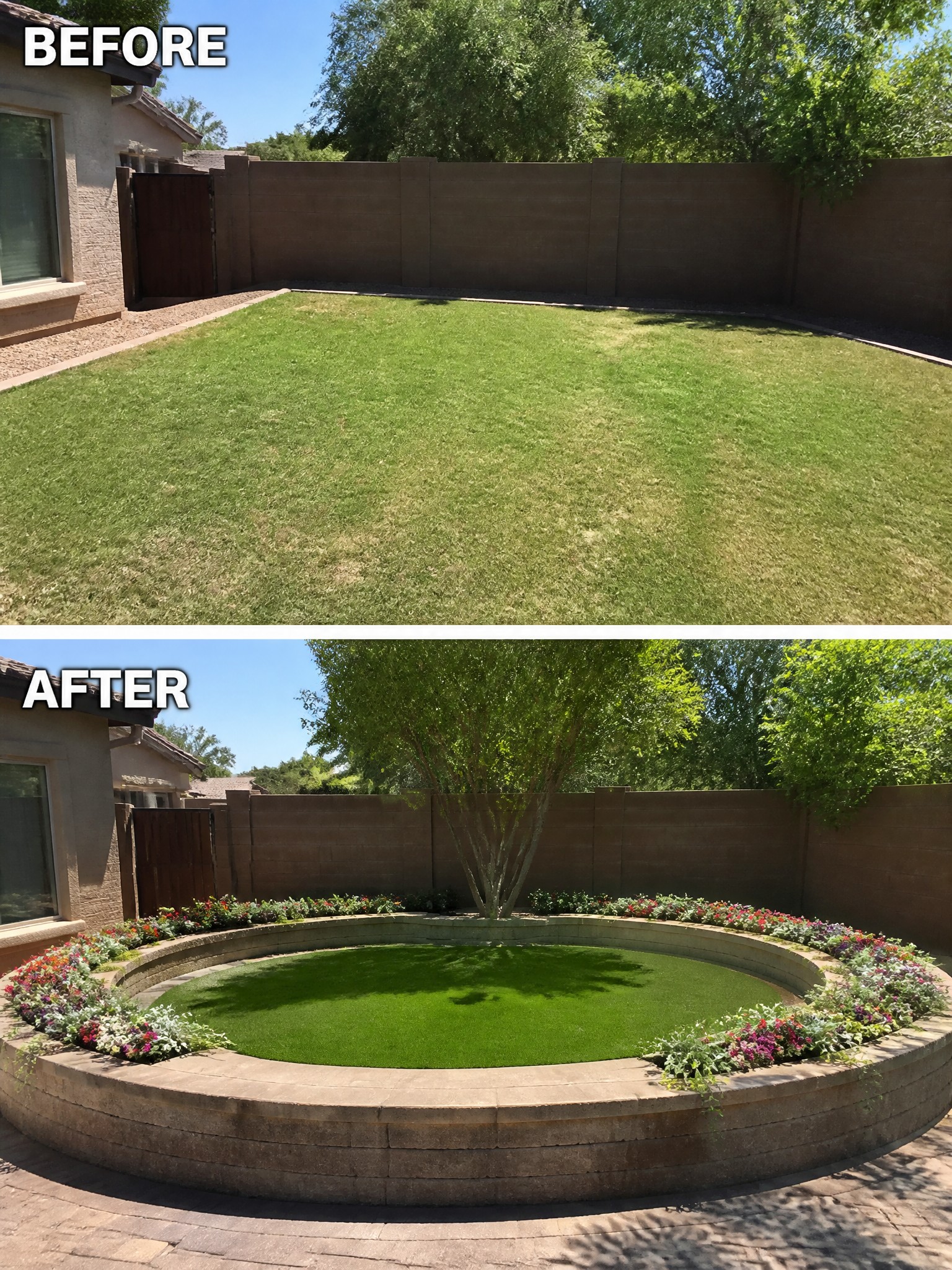 Before-and-after image of an empty backyard lawn transformed with a circular stone border and flower beds.