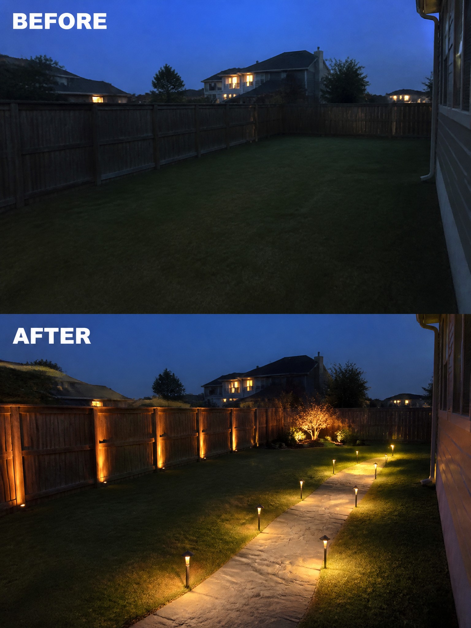 Before-and-after image of an empty backyard with a new stone path, pathway lights, and fence lighting added.