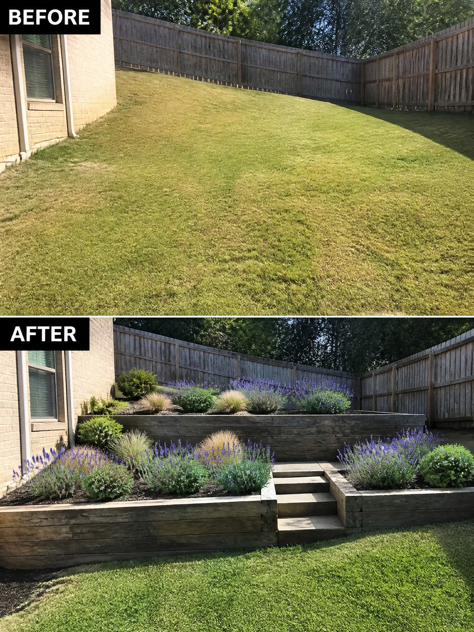Before-and-after image of a sloped grassy backyard changed into a terraced space with wooden retaining walls, planted garden beds, and steps.