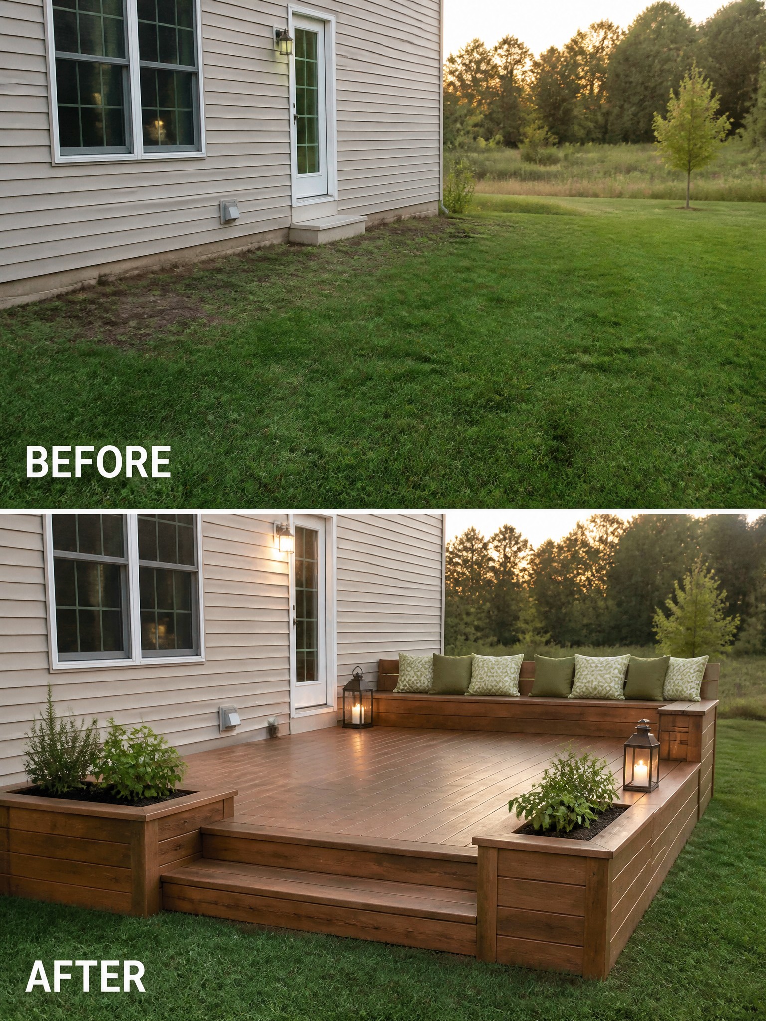Before and after transformation of a backyard, featuring a wooden deck and seating.