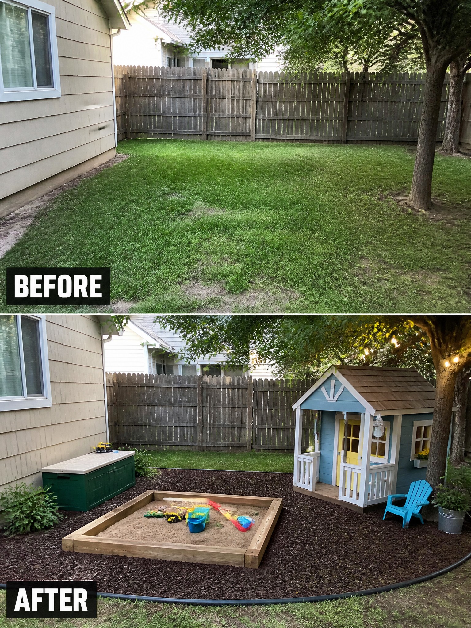 Before and after backyard transformation featuring a sandbox, playhouse, and mulch landscaping.