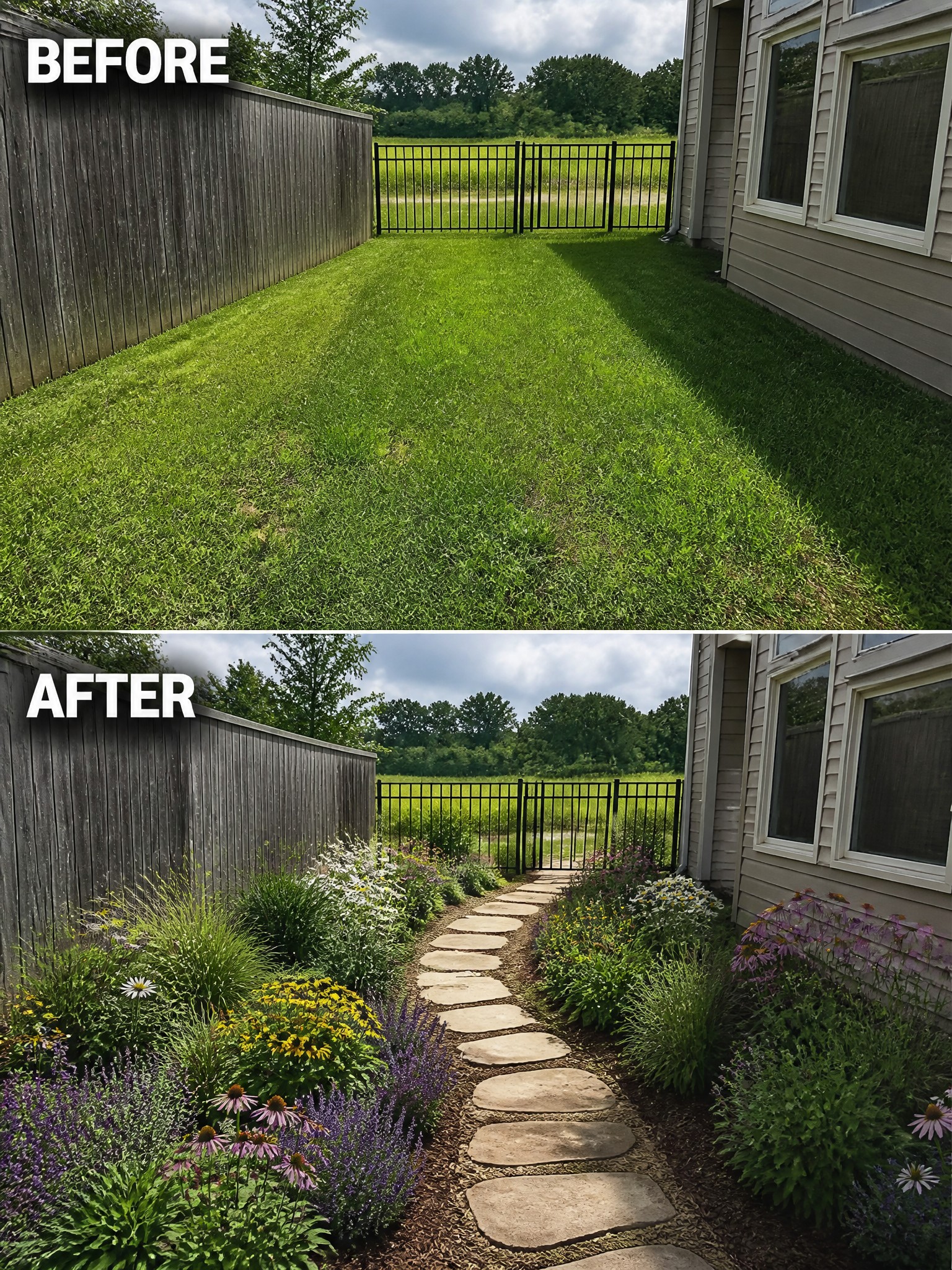 Before-and-after image of an empty grass yard transformed by adding a stone path and flower borders along a fence and house.