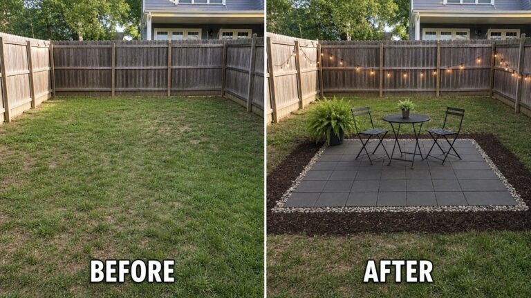 Before and after of a backyard transformation with patio seating and string lights.