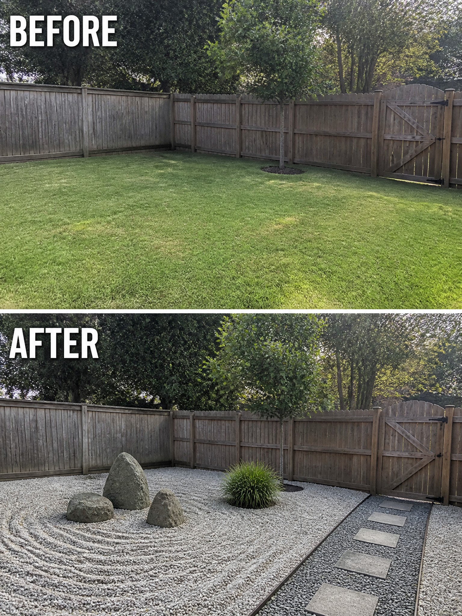 Before-and-after image of an empty grass backyard transformed with gravel, large rocks, a small plant, and a stepping stone path.