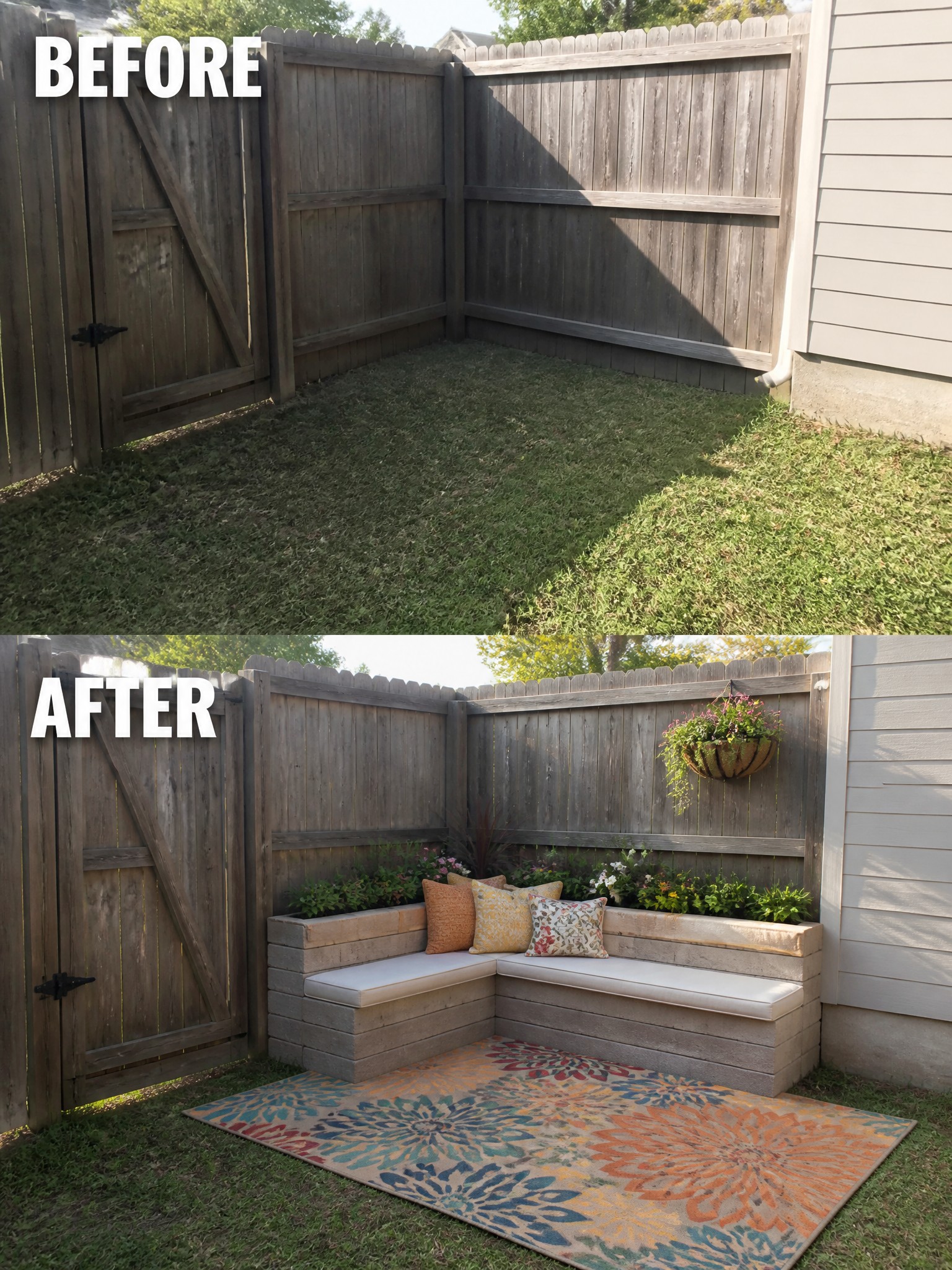Before and after yard transformation with a cozy seating area, colorful rug, and plants.