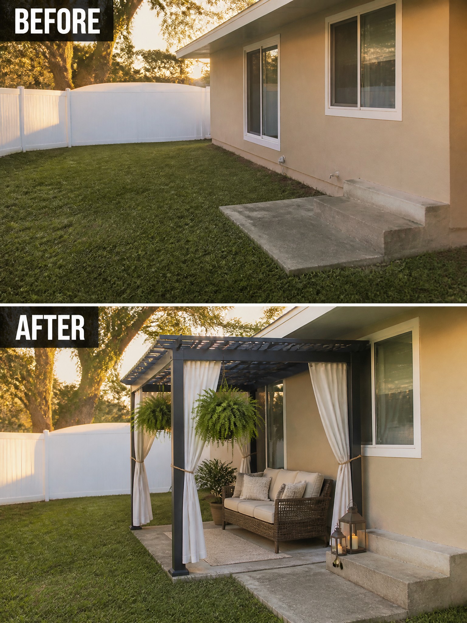 Before-and-after image of an empty grass backyard changed into a covered outdoor seating area with a pergola, sofa, curtains, and lanterns.