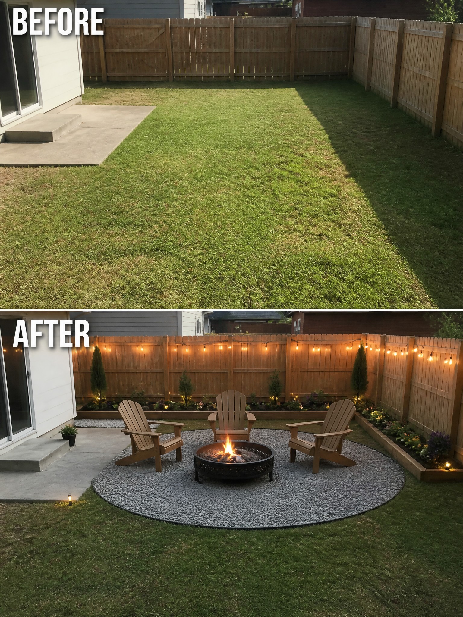 Before-and-after image of an empty grass backyard changed into an outdoor seating area with a fire pit, wooden chairs, gravel base, and string lights along the fence.