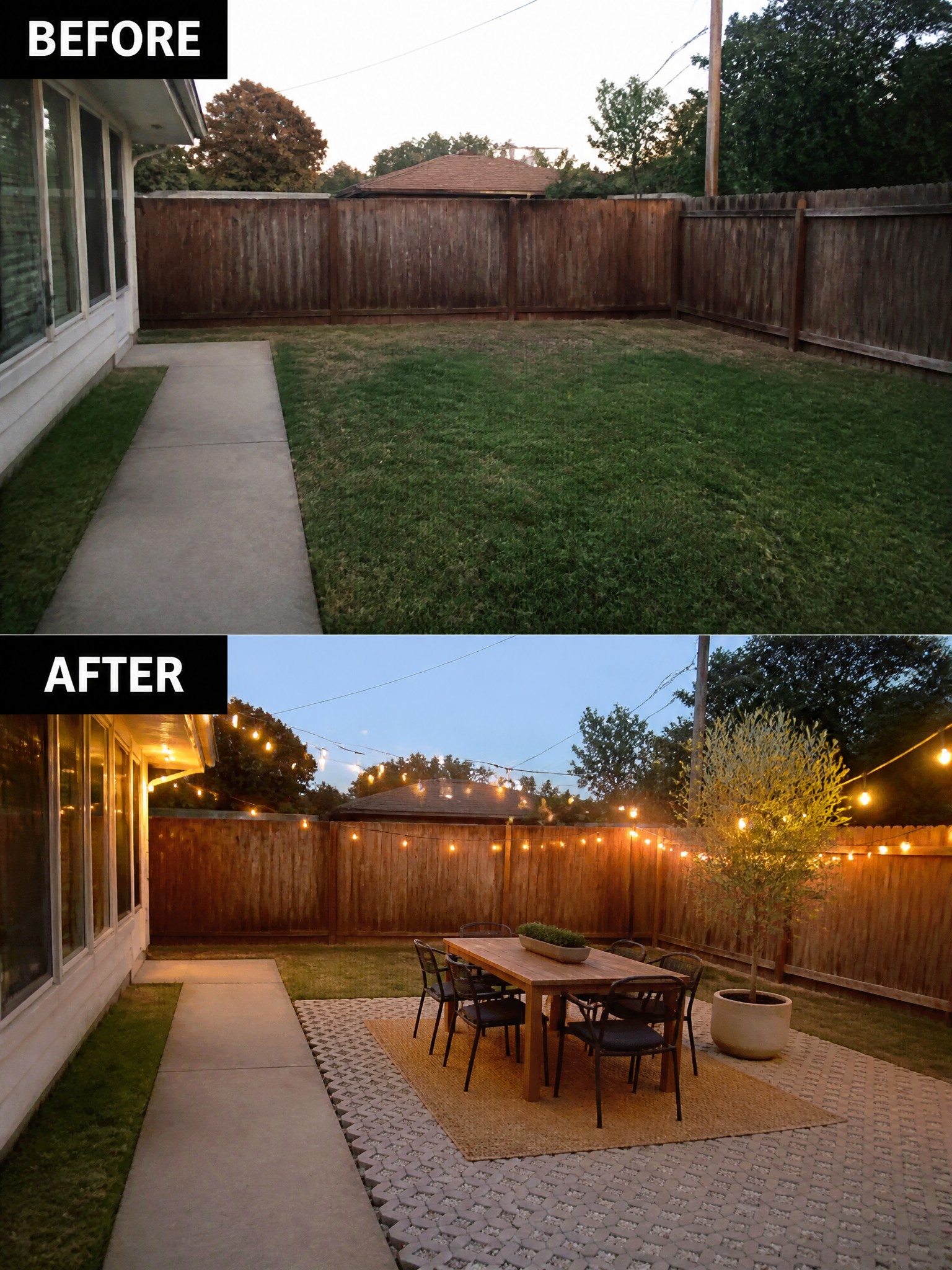 Before and after yard transformation featuring a dining area with string lights and patterned stones.