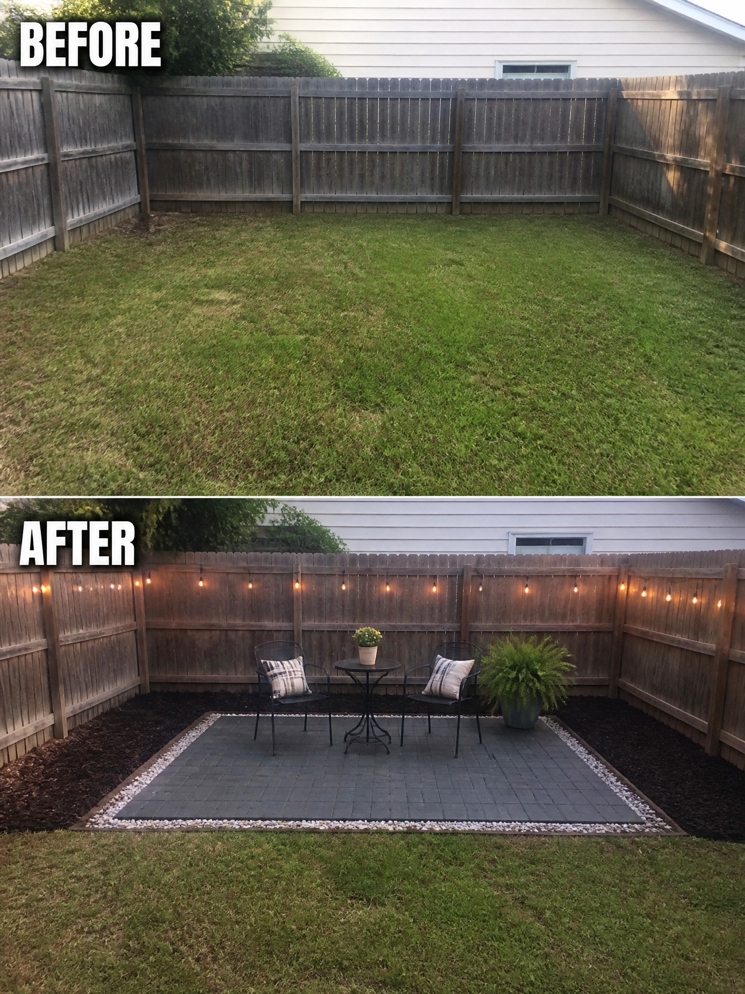 Before and after of a backyard transformation with patio seating and string lights.