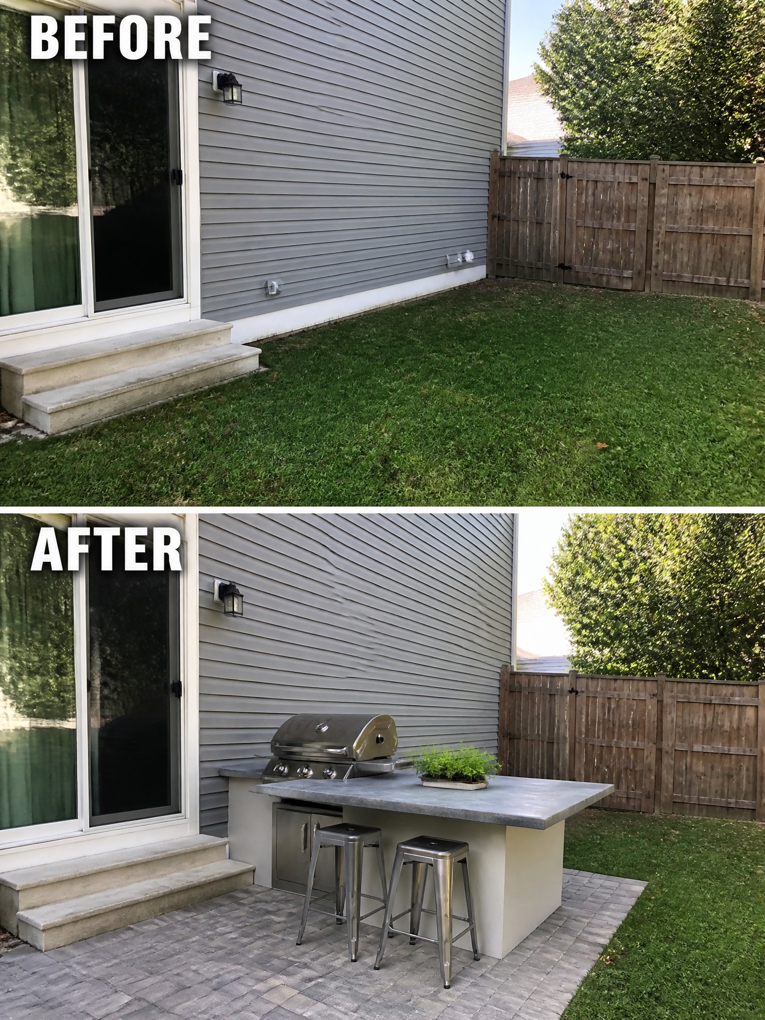Backyard transformation with an outdoor kitchen, stainless steel grill, and seating. Before and after.