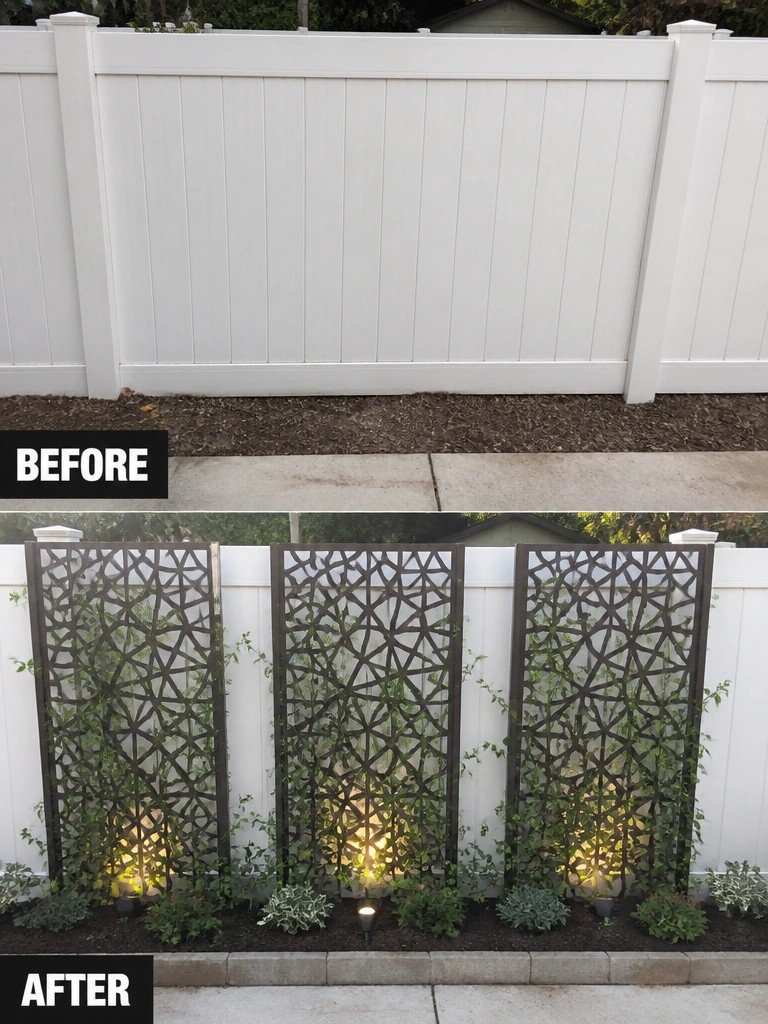 Before and after of white fence with ornate lattice panels, vines and lights