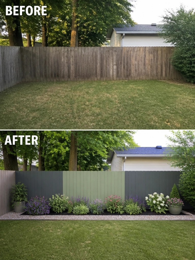 Before-and-after image of a backyard fence line changed from bare grass to a planted garden bed with flowers and shrubs in front of a painted fence.