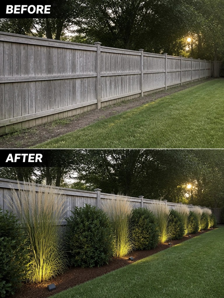 Before and after of fence with added grasses, shrubs, and path lights