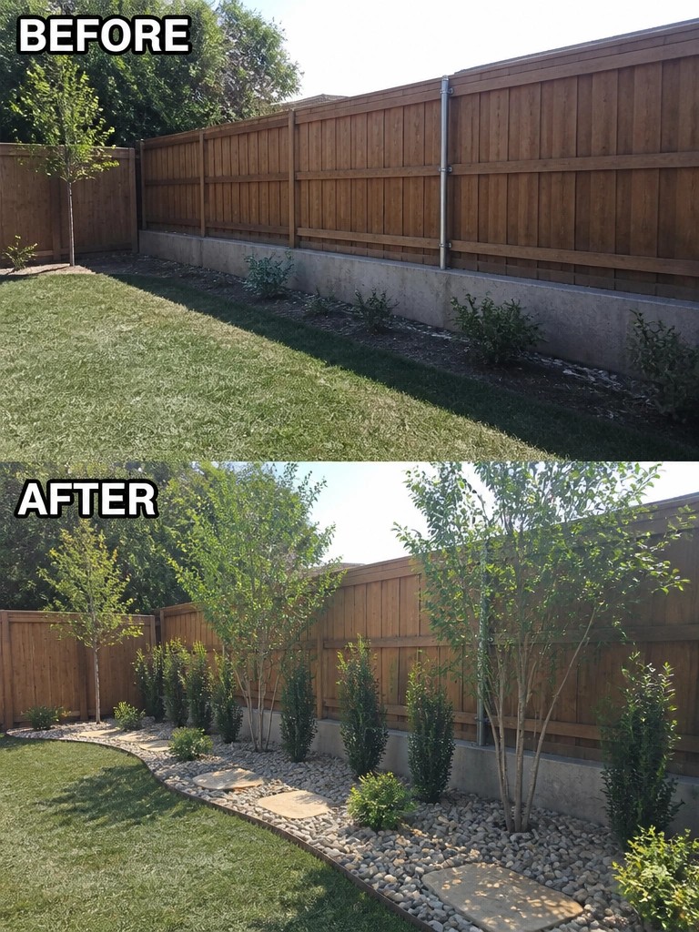 Before-and-after image of a backyard fence line changed from bare lawn and sparse bushes to a defined gravel bed with trees, shrubs, and stepping stones.