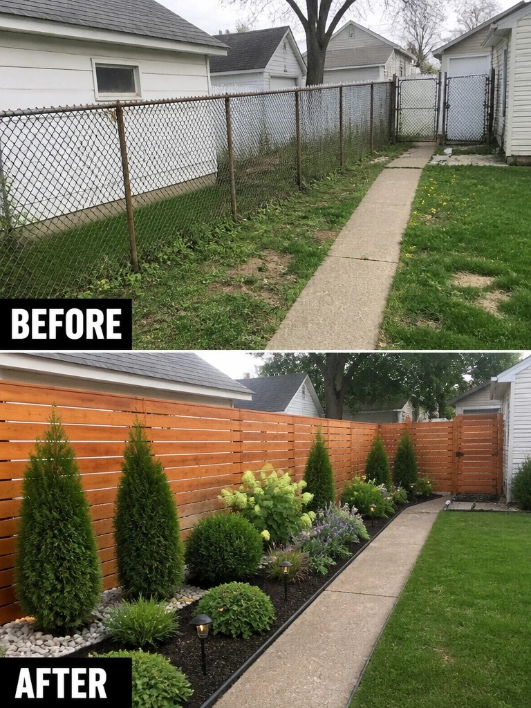 Before-and-after image of a chain-link fence line changed into a wooden privacy fence with a layered garden bed of evergreens and shrubs.