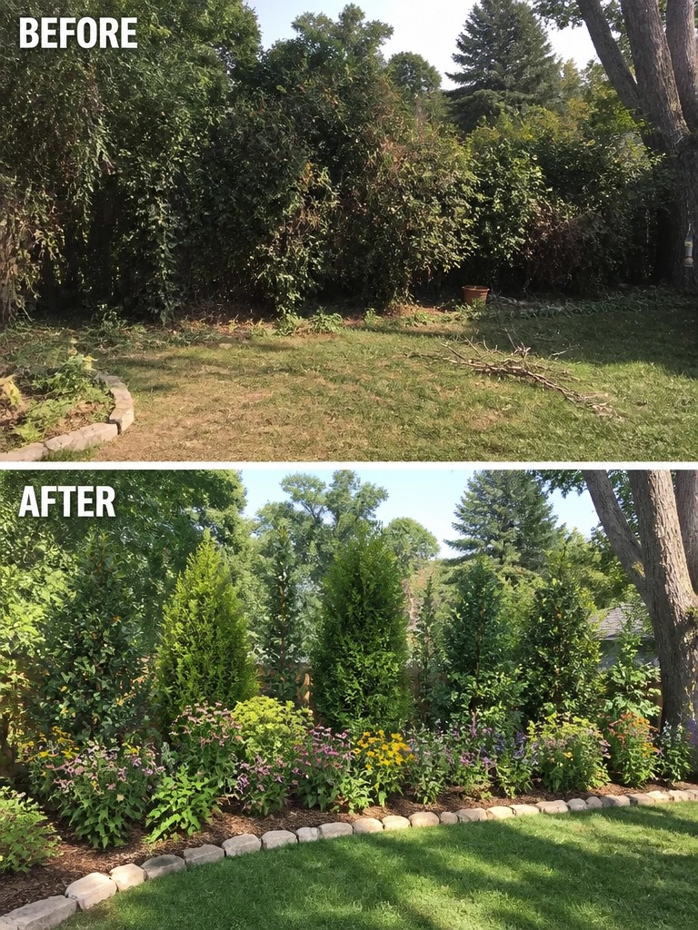 Before-and-after image of an overgrown fence line changed into a layered garden border with tall evergreens, flowering shrubs, and stone edging.